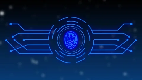 Blue fingerprint records scan inside digital biometric system. Fingerprint .. Stock Footage 340997796