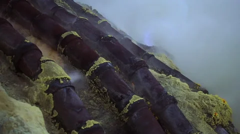 Blue Fire and Pipes Used for Mining at Kawah Ijen Volcano, Java, Indonesia Stock-Footage 44119786
