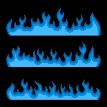Blue Fire Burning Flames Set on a Black Background. Vector Stock Illustration