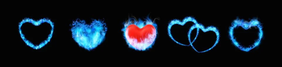 Blue fire burning ring heart shapes on black, flaming love symbol frames Stock Illustration