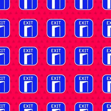 Blue Fire exit icon isolated seamless pattern on red background. Fire emergency Stock Illustration