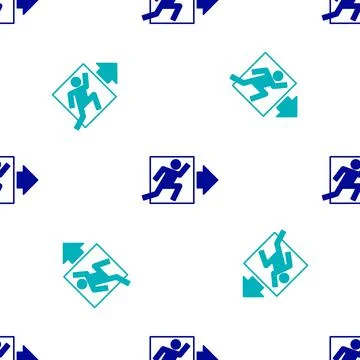 Blue Fire exit icon isolated seamless pattern on white background. Fire emerg 스톡 일러스트