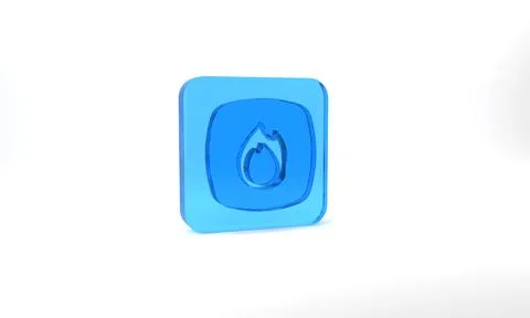 Blue Fire flame icon isolated on grey background. Glass square button. 3d Stock Illustration