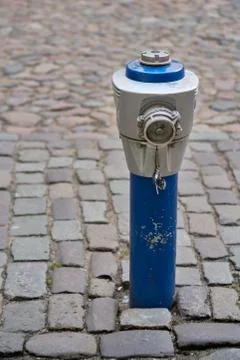 Blue fire hydrant on a sidewalk. Stock Photos