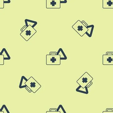 Blue First aid kit and warning triangle icon isolated seamless pattern on yellow Stock Illustration