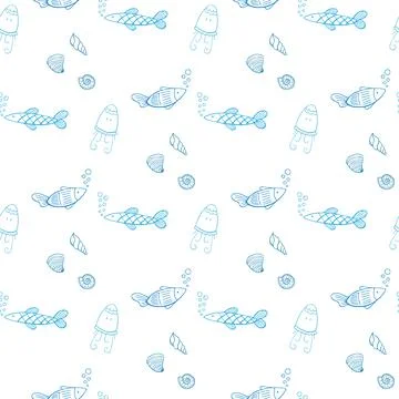 Blue fish and shells doodles vector seamless pattern Stock Illustration
