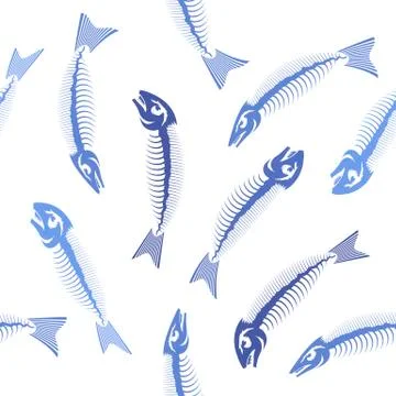 Blue Fish Bone Skeleton Seamless Pattern. Sea Fishes Icons. Stock Illustration