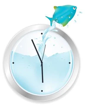 Blue fish jumping from clock Stock Illustration