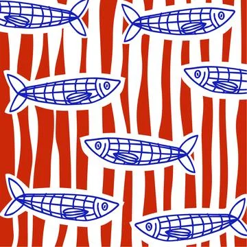 Blue fish on red and white stripes pattern background. Sea Animal doodle 스톡 일러스트