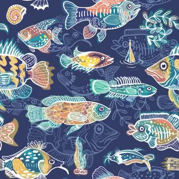 Blue Fish Vector Pattern Stock Illustration