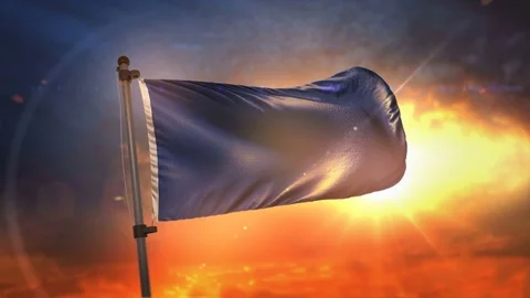 Blue Flag Backlit At Beautiful Sunrise Loop Slow Motion 3D Rendering 4K Stock Footage 76922430
