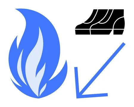 Blue flame, black shoes in motion, downward arrow emphasize risk, safety, eme 스톡 일러스트
