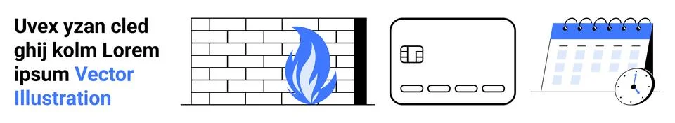 Blue flame on brick wall icon next to calendar and clock. Ideal for cybersecu Stock Illustration