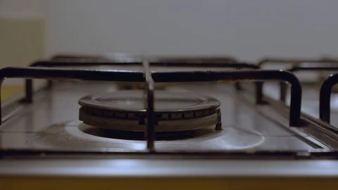 Blue flames. Flames on a gas ring burner of a natural gas cooker. Close Stock Footage 119070819
