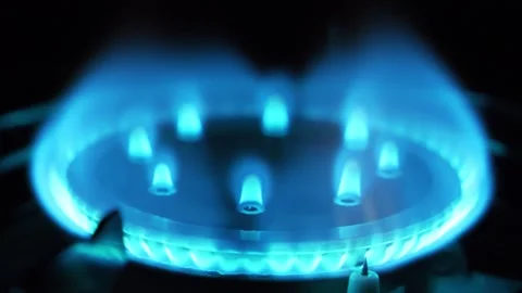 Blue flames of gas burning from kitchen gas stove. Gas burner with burning fire Stock Footage 310251068