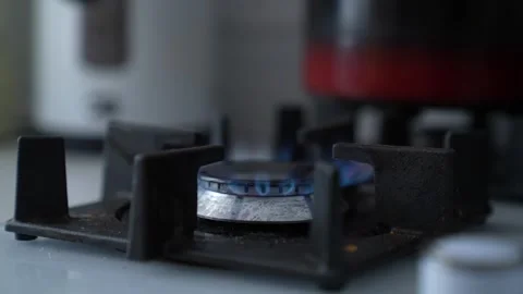 Blue flames on kitchen stove, close-up gas stove heat, stove top burning flame Stock Footage 313205475