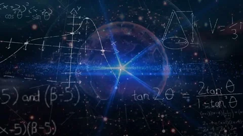 Blue flare appearing in translucent sphere, ring pulsing, chalk math forming to Stock Footage 335761874