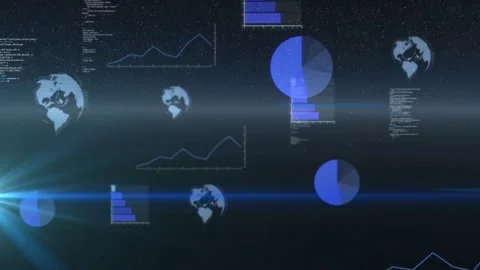Blue flare emerging left casting beam, data elements animating into place Stock Footage 327783781