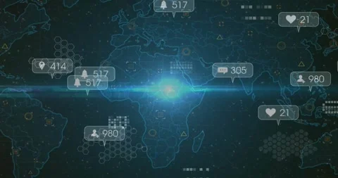 Blue flare emerging at map center sparking UI bubbles pulsing migrating showing Stock Footage 317119332