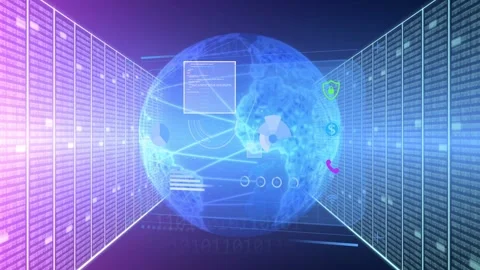 Blue flare passing HUD causing 3D globe emerging, racks framing, camera moving, Stock Footage 334351857