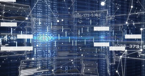 Blue flare sweeping triggers data overlay shifting, panels sliding, bars pulsing Stock Footage 328599001