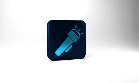 Blue Flashlight icon isolated on grey background. Blue square button. 3d Stock Illustration