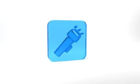 Blue Flashlight icon isolated on grey background. Glass square button. 3d Stock Illustration