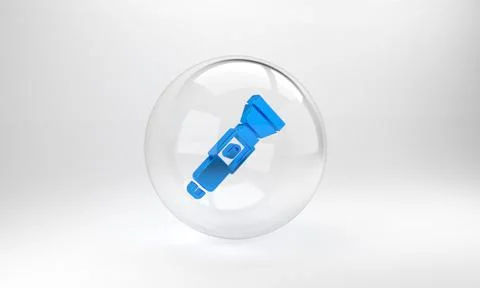 Blue Flashlight icon isolated on grey background. Glass circle button. 3D ren Illustrazione stock