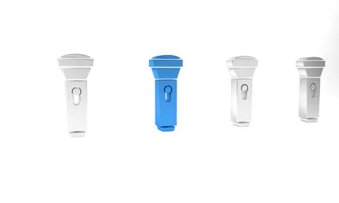 Blue Flashlight icon isolated on white background. Minimalism concept. 3D r.. Illustrazione stock