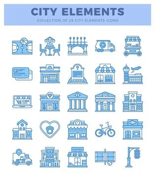 Blue flat city element icons on white background Stock Illustration