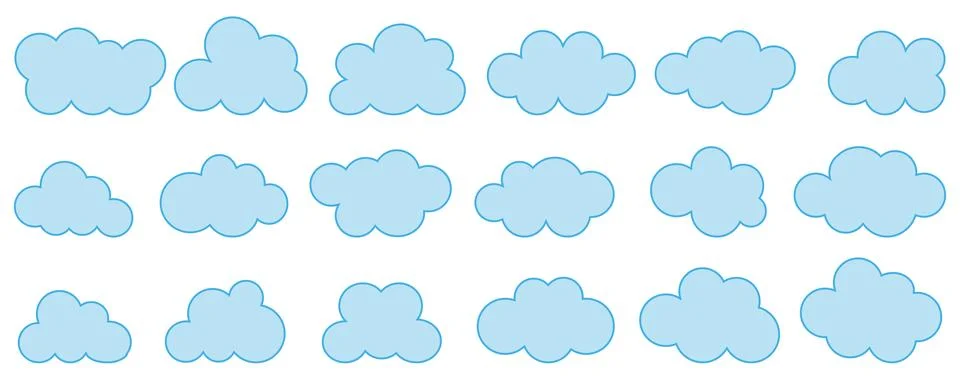 Blue flat cloud shape vector icon set on background. Stock Illustration