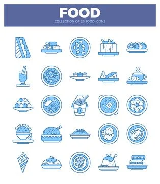 Blue flat icon collection of diverse food and drink items on a white backgr.. Stock Illustration