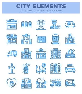 Blue flat icon set of city elements. buildings. and vehicles on white backg.. 스톡 일러스트