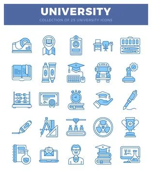 Blue flat icons of university objects on white background Stock Illustration