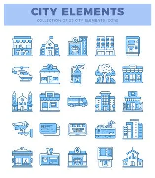 Blue flat line icons representing city elements. イラスト素材
