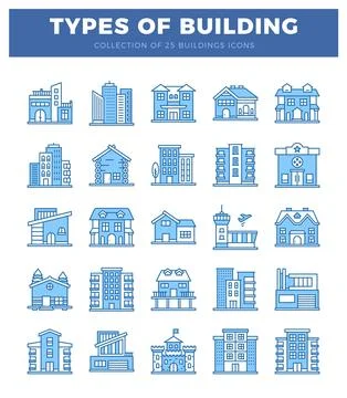 Blue flat line icons representing various building types. set against a whi.. Ilustración de archivo
