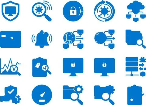 Blue Flat Vector Icon Set Featuring Various Cybersecurity and Technology Co.. Stock Illustration