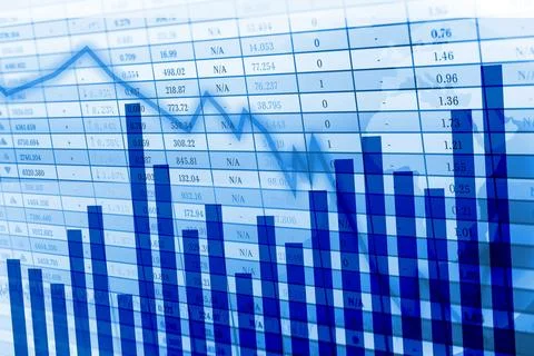 Blue flat visualization showing bar chart and downward arrow over data grid with Stock Photos