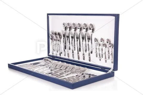 Blue flatware box isolated on white background Stock Photos