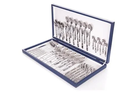 Blue flatware box isolated on white background Stock Photos