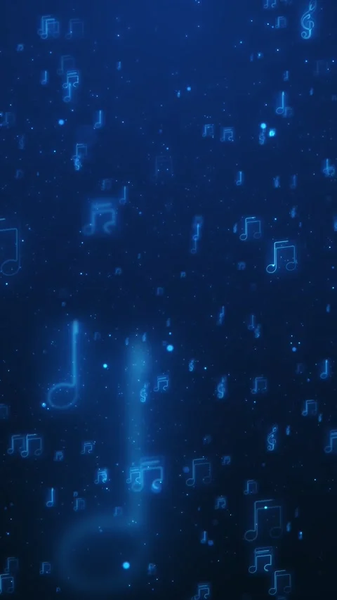 Blue floating music notes with glowing symbols, tiny stars, soft dark gradient, Stock Footage 340555159