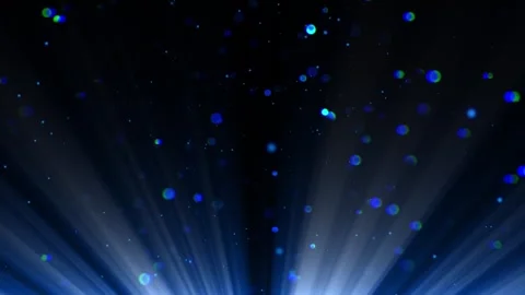Blue Floating Particles Rising with Glowing Light Rays on Dark Background Vídeo Stock 345425889