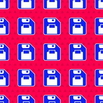 Blue Floppy disk for computer data storage icon isolated seamless pattern on red Stock Illustration