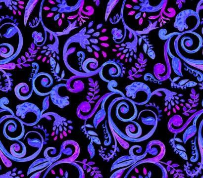 Blue floral pattern on black background. Hand made watercolor seamless texture Stock Photos