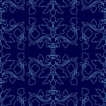 Blue floral pattern with a blue background. The flowers are very detailed and Stock Illustration