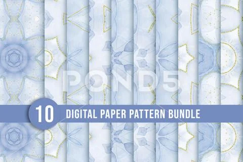 Blue floral pattern design with golden line art and watercolor. Abstract flow PSD Template