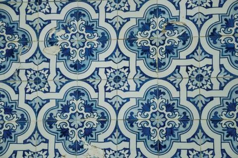 Blue floral pattern hand-painted in baroque style on ceramic tiles Stock Photos