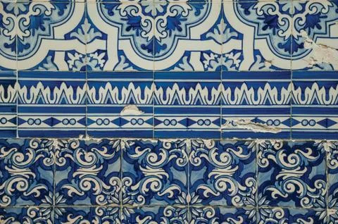 Blue floral pattern hand-painted in baroque style on ceramic tiles Stock Photos