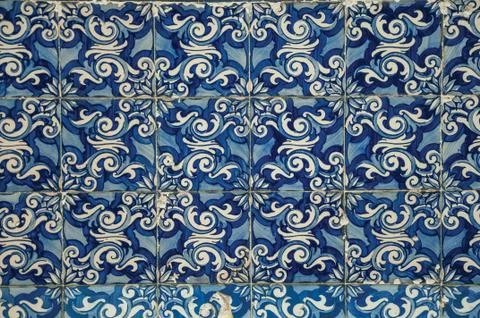 Blue floral pattern hand-painted in baroque style on ceramic tiles Stock Photos