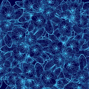 Blue floral pattern with many flowers and leaves. The flowers are small and the 스톡 일러스트